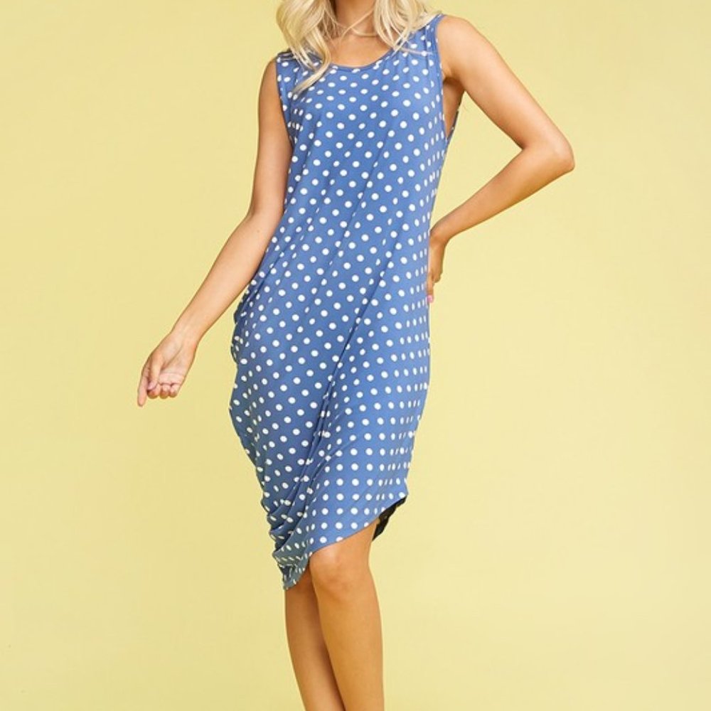 Sleeveless side draped dress - Blue/Ivory Dot